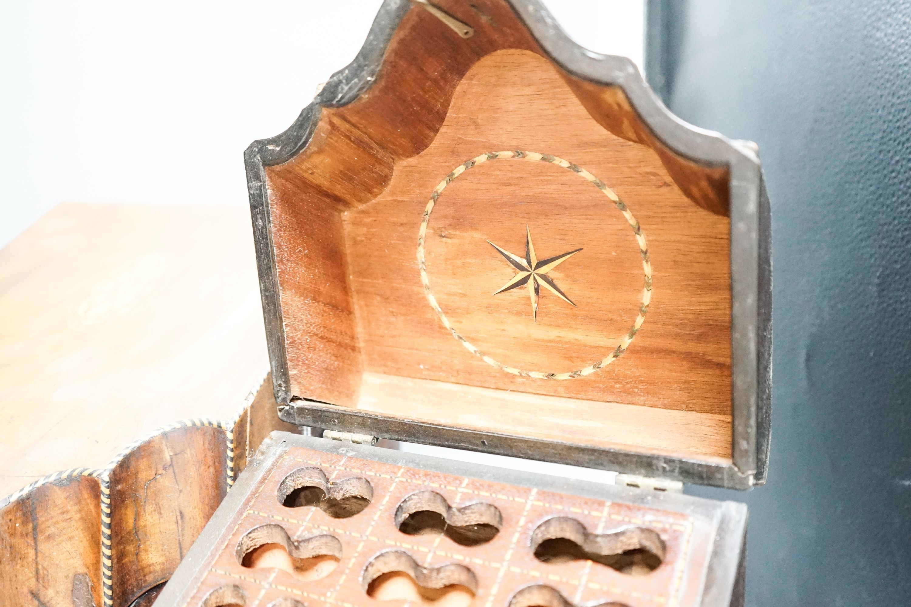 Two George III inlaid mahogany knife boxes (larger converted to a stationery box) 38cm